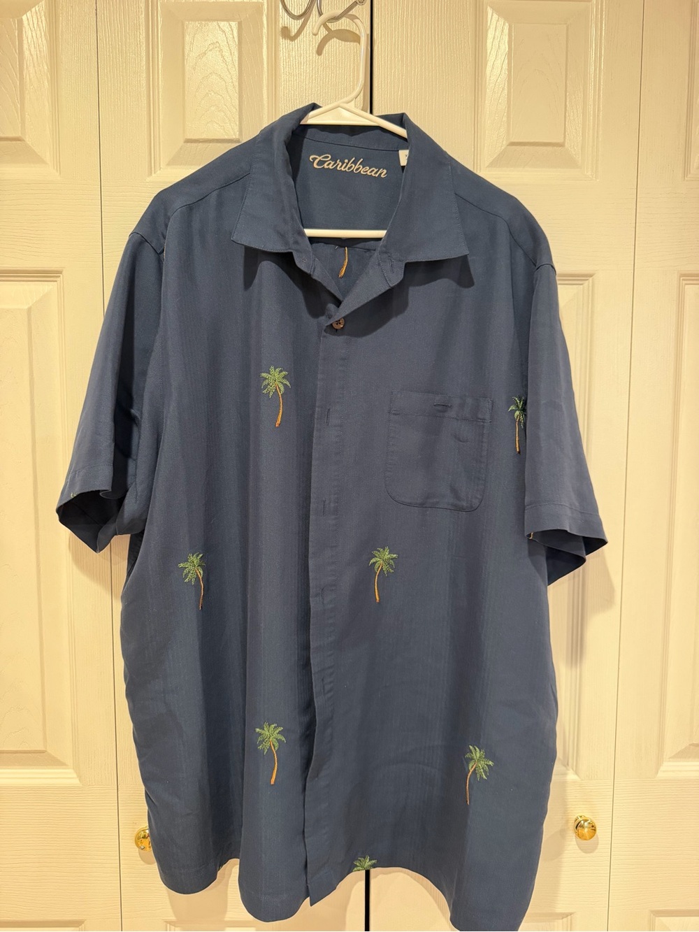 Caribbean Navy Short-Sleeve Palm Embroidered Camp Shirt